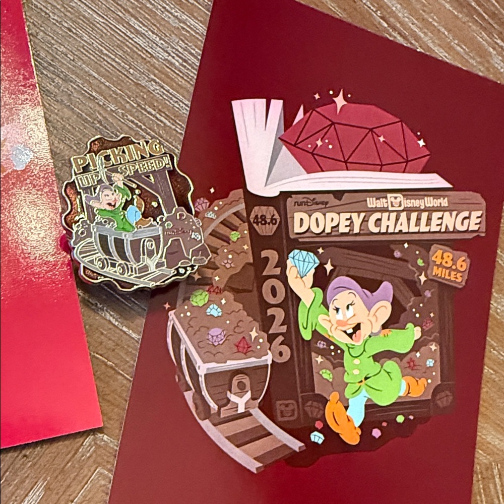 Disney 2026 Dopey Challenge Post card Set - Dopey pin, Brooks shoe tag
